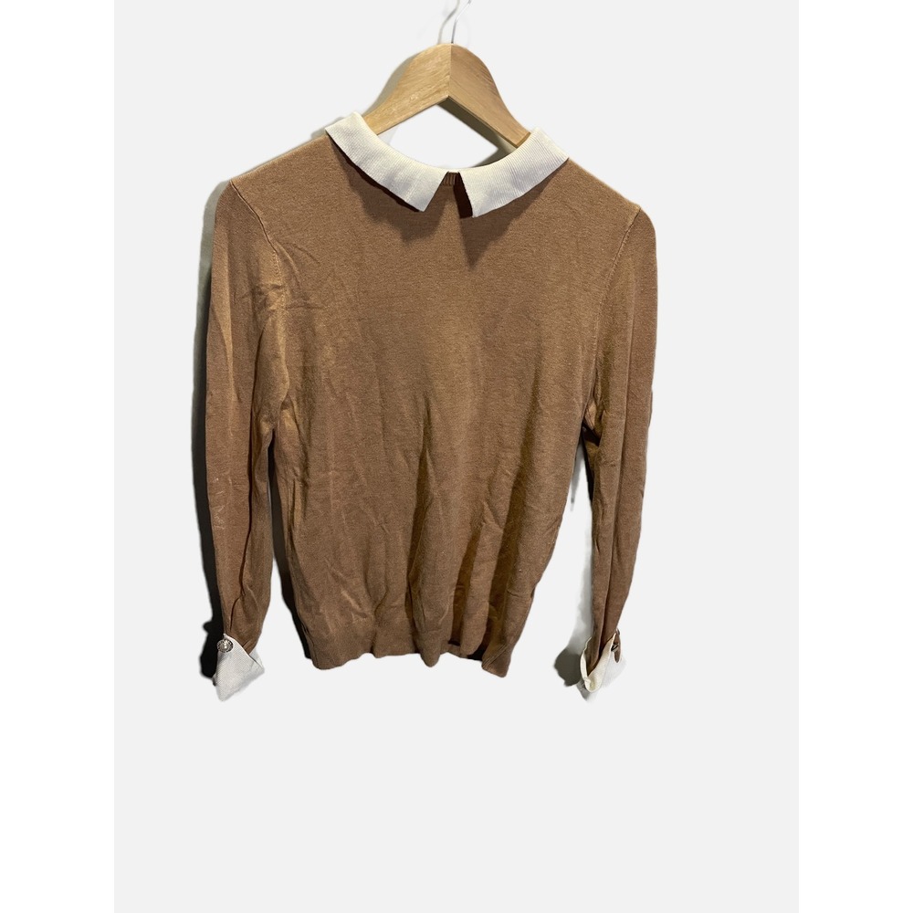 Zara Knit Sweater Women Medium Brown Peter Pan Collar Pearl Cuff Preppy‎ Office